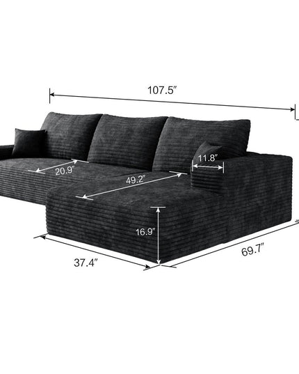 107" Black Corduroy Modular Compression Foam Sofa With Toss Pillows