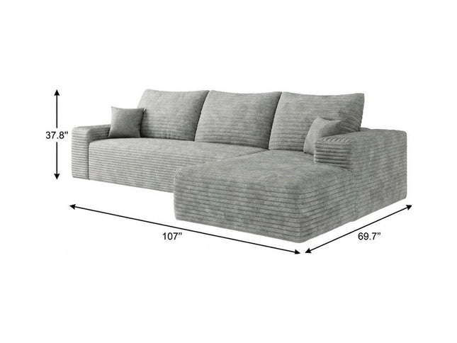 107" Gray Corduroy Modular Compression Foam Sofa With Toss Pillows