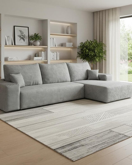 107" Gray Corduroy Modular Compression Foam Sofa With Toss Pillows