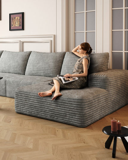 107" Gray Corduroy Modular Compression Foam Sofa With Toss Pillows