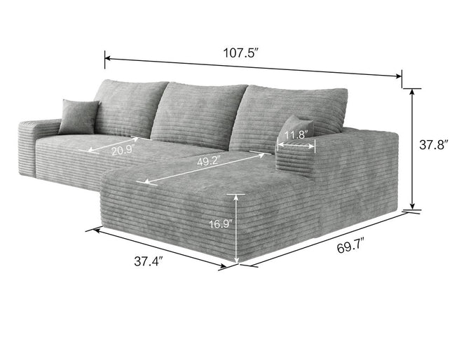107" Gray Corduroy Modular Compression Foam Sofa With Toss Pillows