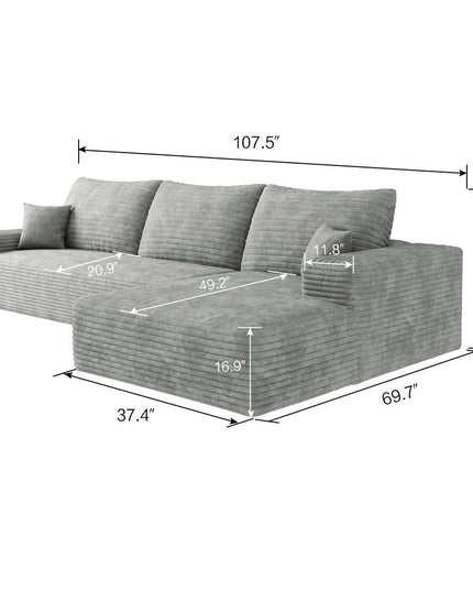 107" Gray Corduroy Modular Compression Foam Sofa With Toss Pillows