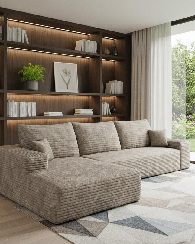 107" Camel Corduroy Modular Compression Foam Sofa With Toss Pillows