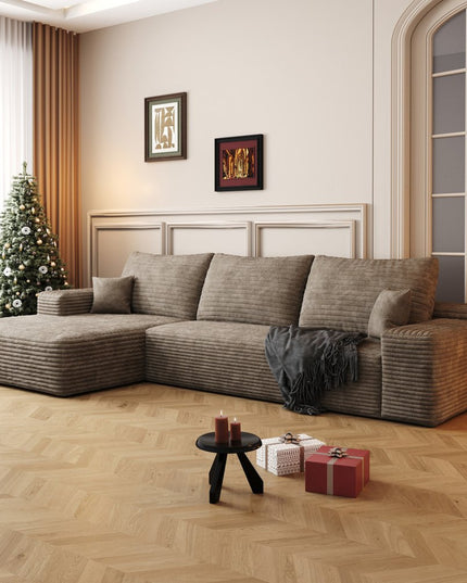 107" Camel Corduroy Modular Compression Foam Sofa With Toss Pillows