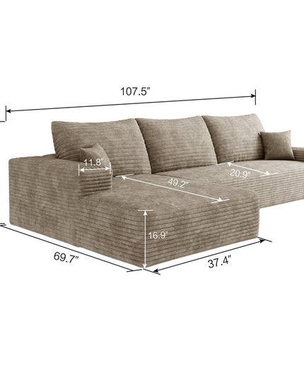 107" Camel Corduroy Modular Compression Foam Sofa With Toss Pillows