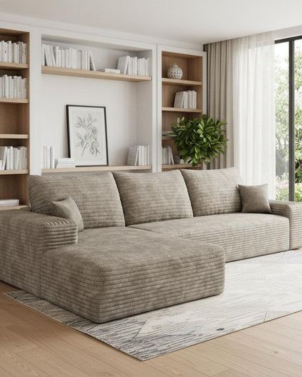 107" Camel Corduroy Modular Compression Foam Sofa With Toss Pillows