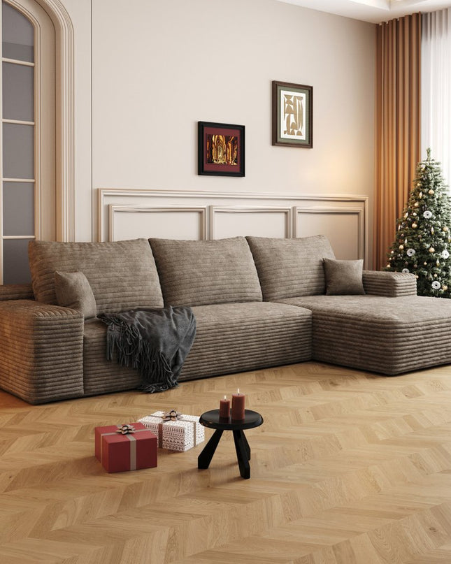 107" Camel Corduroy Modular Compression Foam Sofa With Toss Pillows