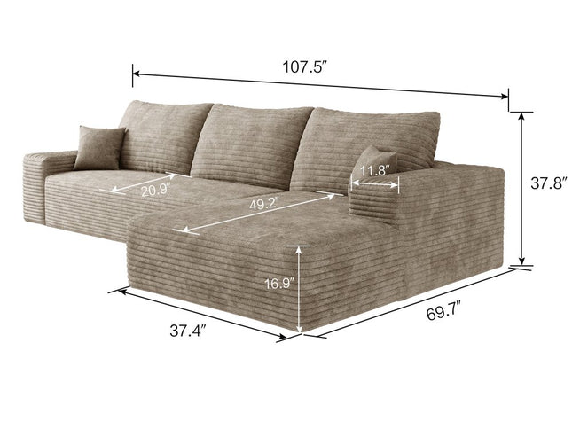 107" Camel Corduroy Modular Compression Foam Sofa With Toss Pillows
