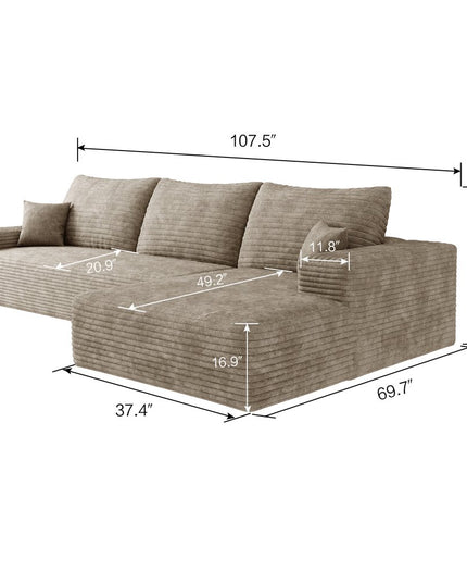 107" Camel Corduroy Modular Compression Foam Sofa With Toss Pillows