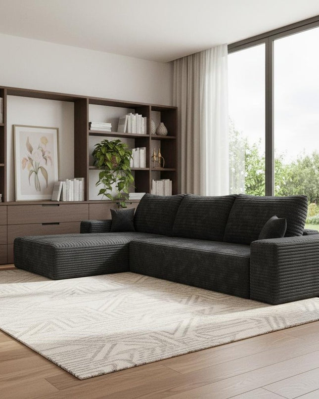 107" Black Corduroy Modular Compression Foam Sofa With Toss Pillows
