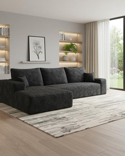 107" Black Corduroy Modular Compression Foam Sofa With Toss Pillows