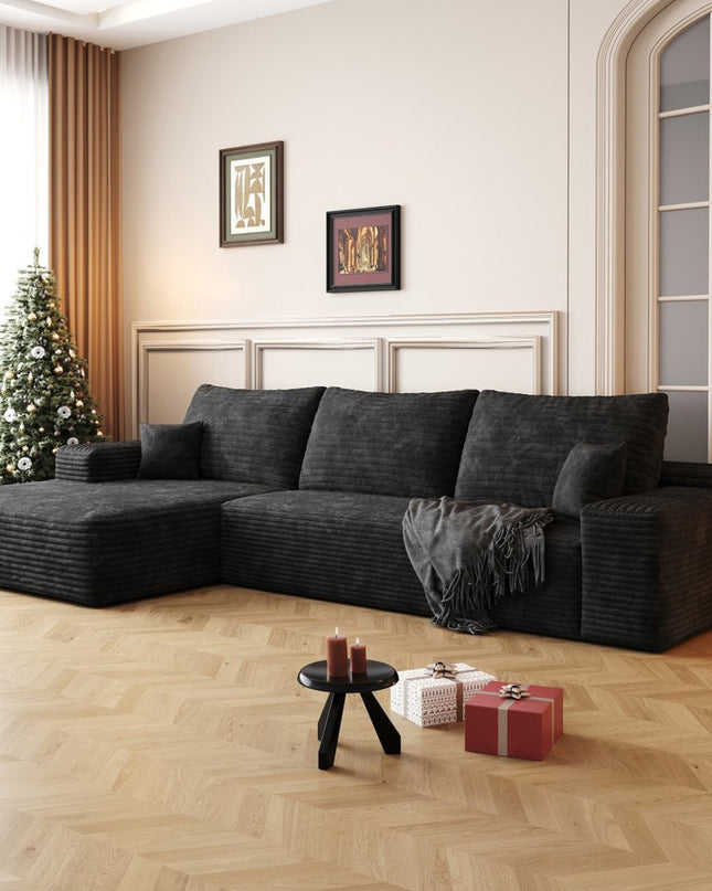 107" Black Corduroy Modular Compression Foam Sofa With Toss Pillows