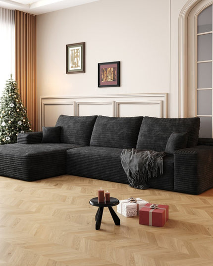 107" Black Corduroy Modular Compression Foam Sofa With Toss Pillows