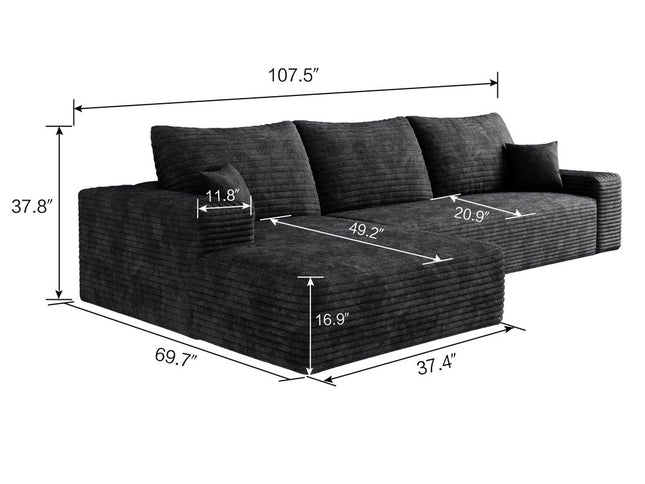 107" Black Corduroy Modular Compression Foam Sofa With Toss Pillows