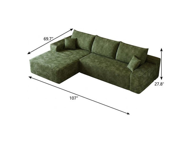 107" Green Corduroy Modular Compression Foam Sofa With Toss Pillows