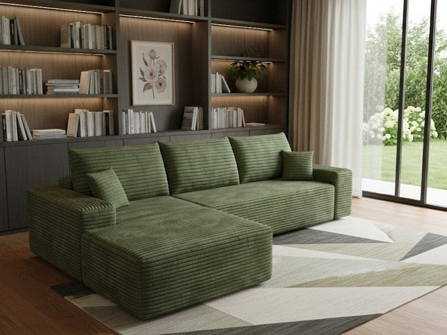 107" Green Corduroy Modular Compression Foam Sofa With Toss Pillows