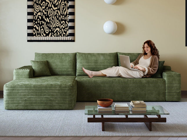 107" Green Corduroy Modular Compression Foam Sofa With Toss Pillows