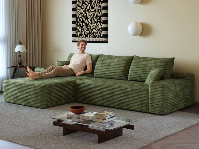 107" Green Corduroy Modular Compression Foam Sofa With Toss Pillows