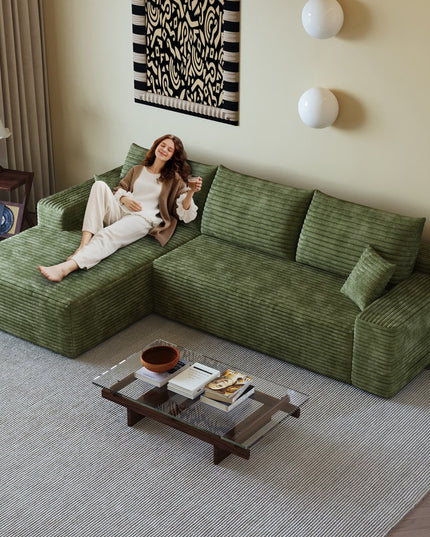 107" Green Corduroy Modular Compression Foam Sofa With Toss Pillows