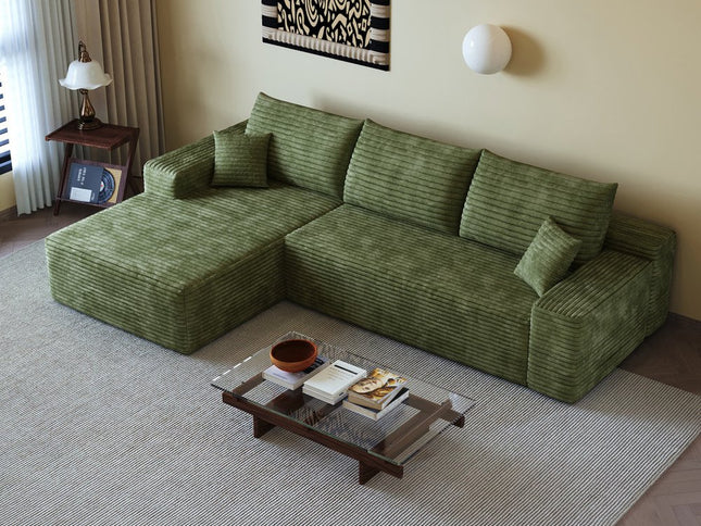 107" Green Corduroy Modular Compression Foam Sofa With Toss Pillows
