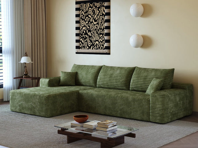 107" Green Corduroy Modular Compression Foam Sofa With Toss Pillows
