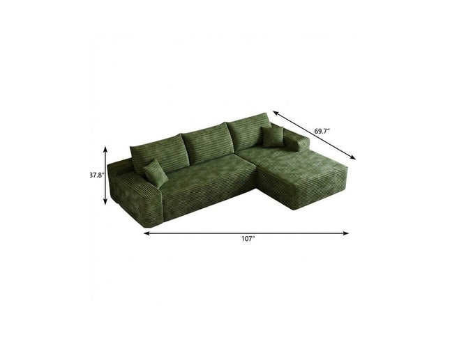 107" Green Corduroy Modular Compression Foam Sofa With Toss Pillows