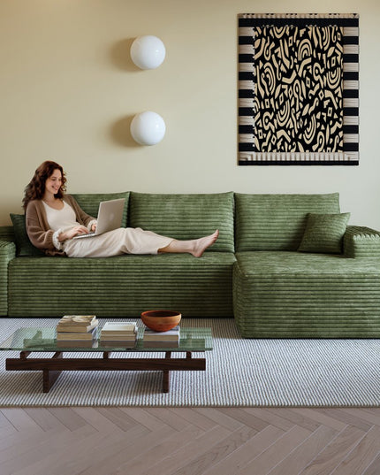 107" Green Corduroy Modular Compression Foam Sofa With Toss Pillows