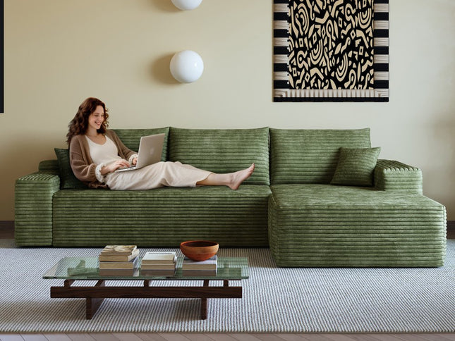 107" Green Corduroy Modular Compression Foam Sofa With Toss Pillows
