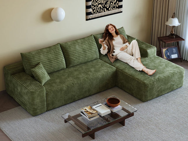 107" Green Corduroy Modular Compression Foam Sofa With Toss Pillows
