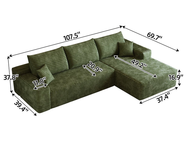 107" Green Corduroy Modular Compression Foam Sofa With Toss Pillows