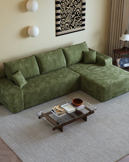 107" Green Corduroy Modular Compression Foam Sofa With Toss Pillows