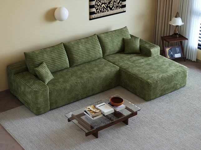 107" Green Corduroy Modular Compression Foam Sofa With Toss Pillows