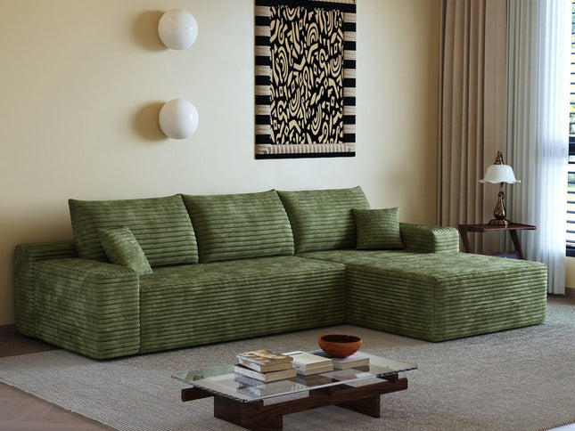 107" Green Corduroy Modular Compression Foam Sofa With Toss Pillows