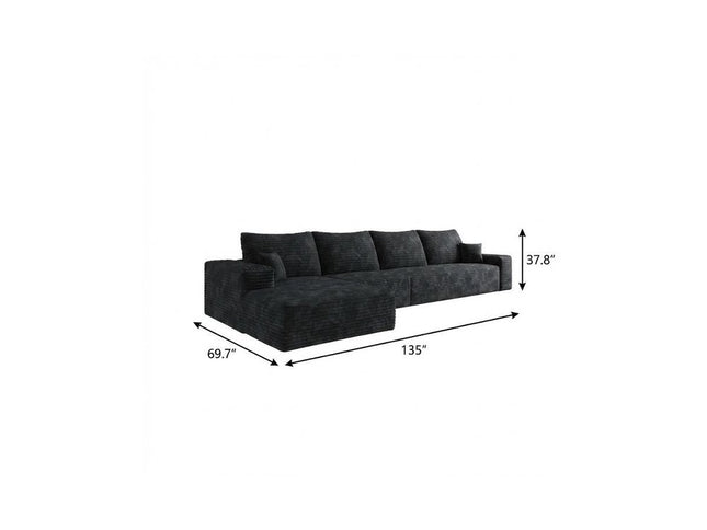 135" Black Corduroy Modular Compression Foam Sofa With Toss Pillows
