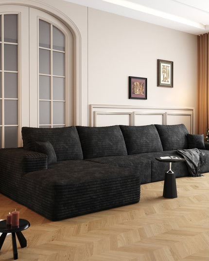 135" Black Corduroy Modular Compression Foam Sofa With Toss Pillows