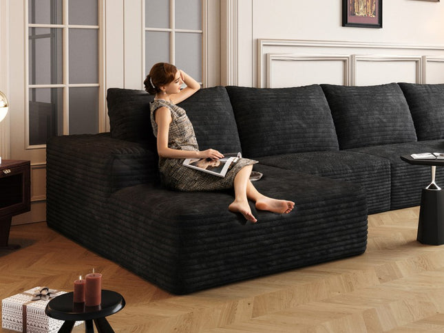 135" Black Corduroy Modular Compression Foam Sofa With Toss Pillows