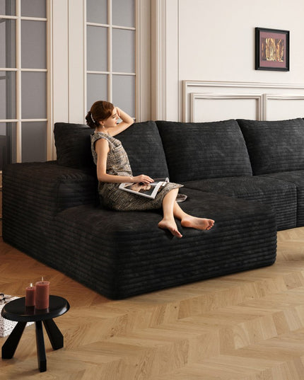 135" Black Corduroy Modular Compression Foam Sofa With Toss Pillows
