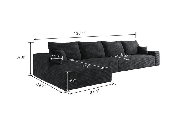 135" Black Corduroy Modular Compression Foam Sofa With Toss Pillows