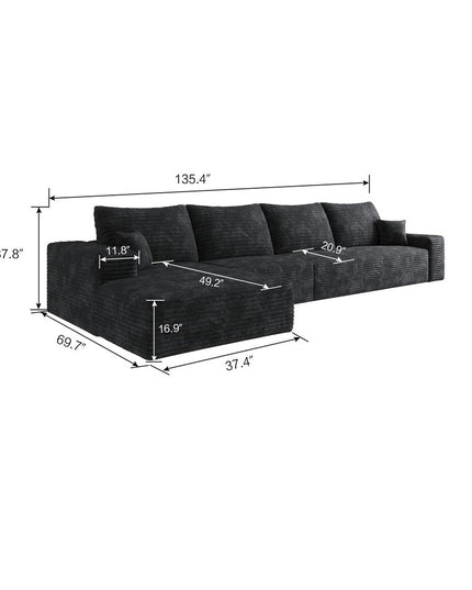 135" Black Corduroy Modular Compression Foam Sofa With Toss Pillows