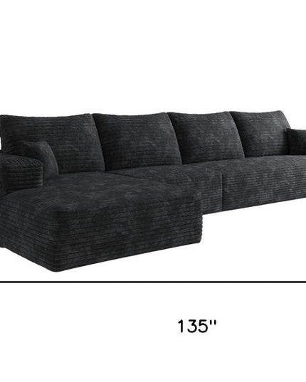 135" Black Corduroy Modular Compression Foam Sofa With Toss Pillows