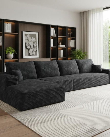 135" Black Corduroy Modular Compression Foam Sofa With Toss Pillows