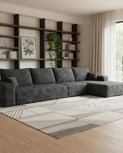 135" Black Corduroy Modular Compression Foam Sofa With Toss Pillows