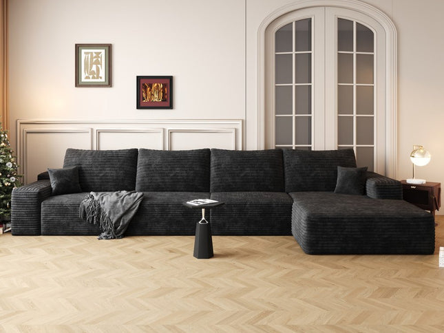 135" Black Corduroy Modular Compression Foam Sofa With Toss Pillows