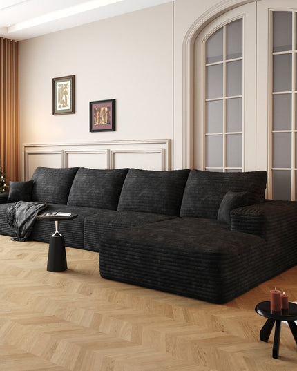 135" Black Corduroy Modular Compression Foam Sofa With Toss Pillows