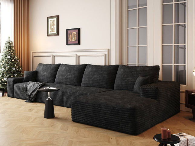 135" Black Corduroy Modular Compression Foam Sofa With Toss Pillows