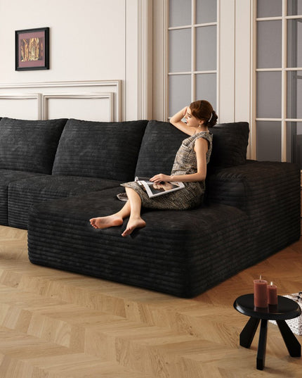 135" Black Corduroy Modular Compression Foam Sofa With Toss Pillows