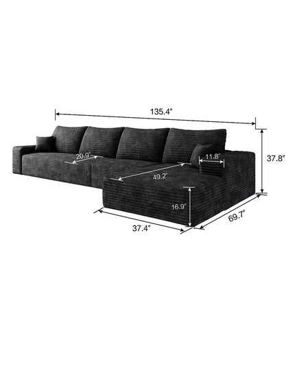 135" Black Corduroy Modular Compression Foam Sofa With Toss Pillows