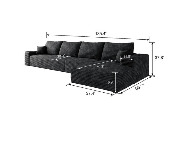 135" Black Corduroy Modular Compression Foam Sofa With Toss Pillows