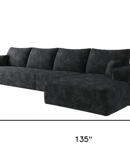 135" Black Corduroy Modular Compression Foam Sofa With Toss Pillows