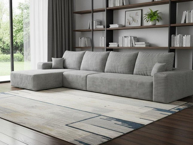 135" Gray Corduroy Modular Compression Foam Sofa With Toss Pillows